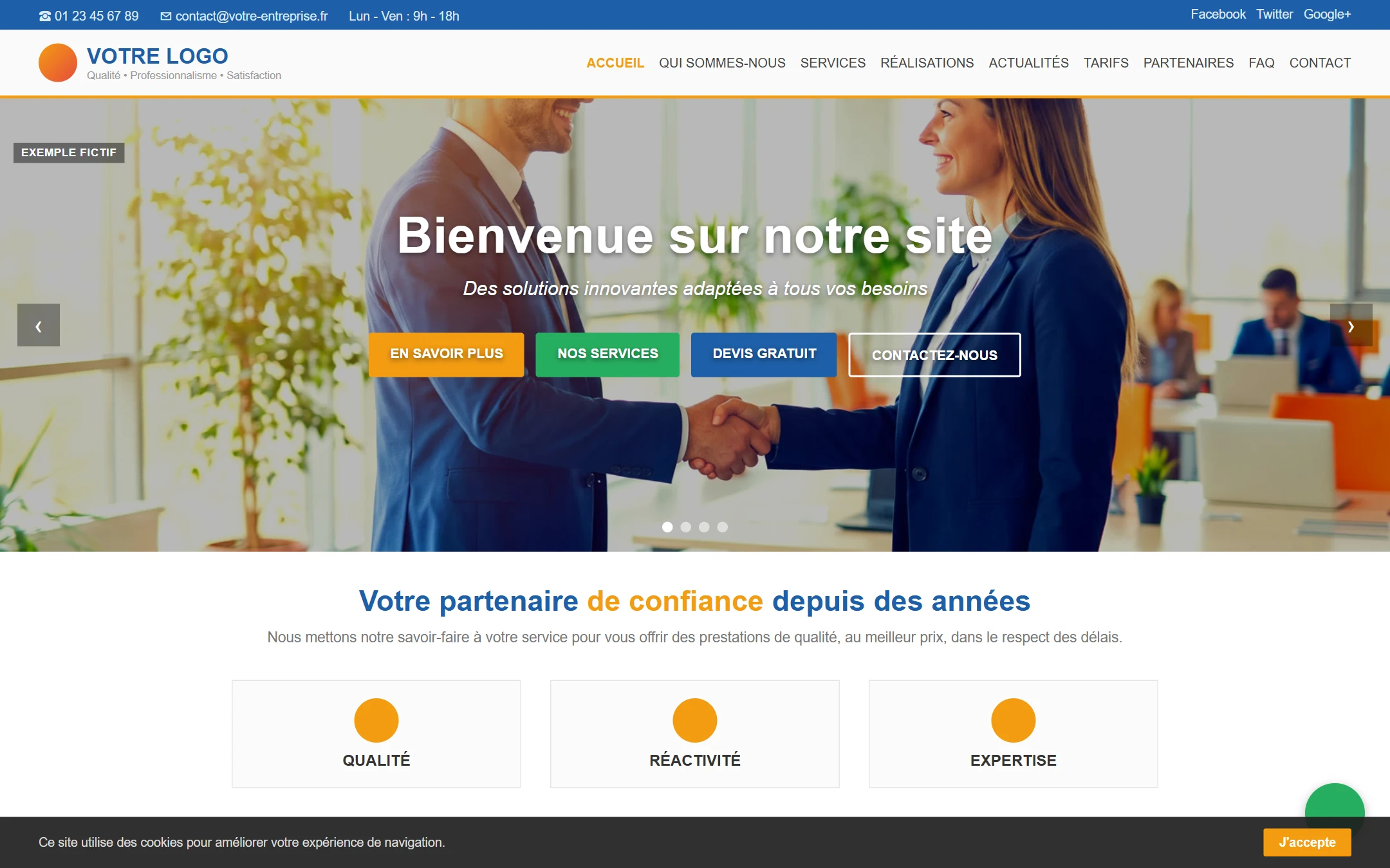 Un site d'entreprise générique : « Bienvenue sur notre site », une photo banale, neuf liens et quatre boutons.